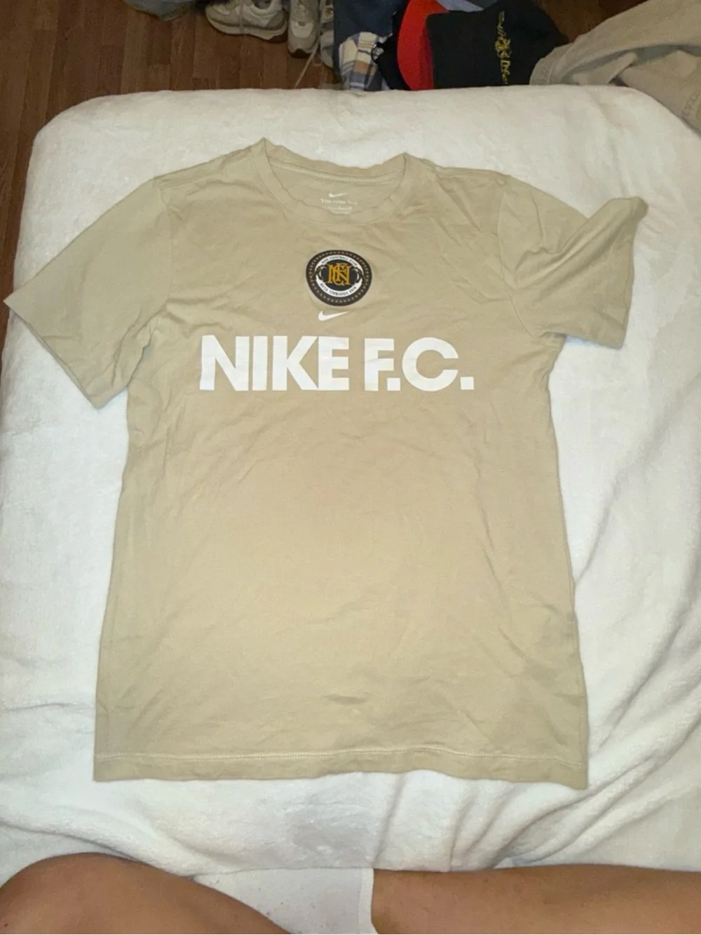 Nike Men's Short Sleeve F.C. Logo Tee - Beige with White Graphics